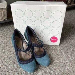 Blue Suede Ruffle Boden Heels